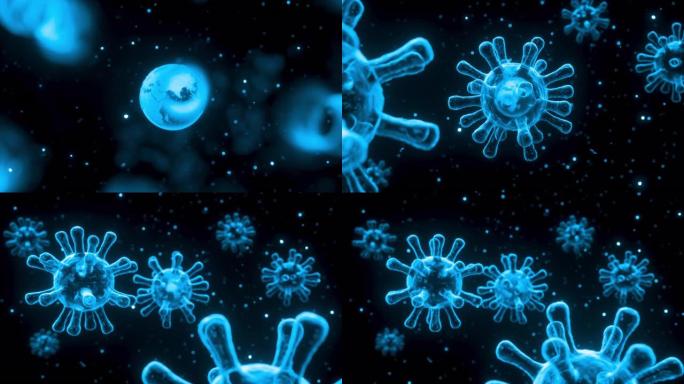 动画巨核病毒细胞在生物体中扩散和漂浮。概念全球健康警告恐慌传播感染。彩色医学影像细菌流行。离体淋巴细