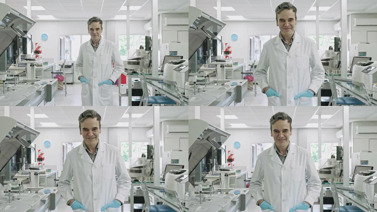男性病理学家在临床分析实验室工作的慢动作视频肖像