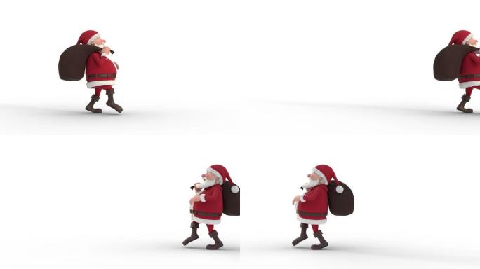 圣诞老人偷偷溜过屏幕。无缝循环3d动画。侧视图