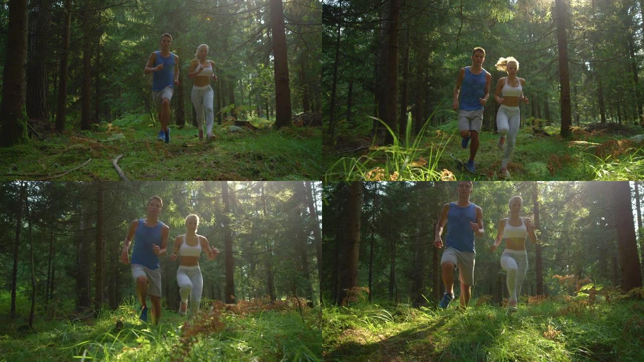 慢动作，特写: 无忧无虑的运动型情侣沿着阳光普照的森林小径慢跑