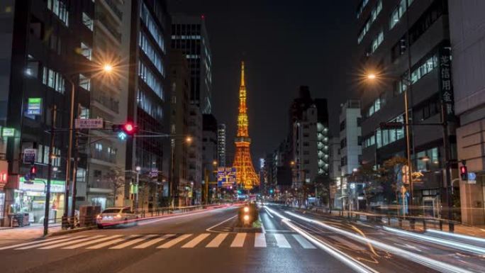4K UHD夜间快速交通的延时在东京市和日本东京塔是著名的地方。东京城市生活、旅行和交通概念。