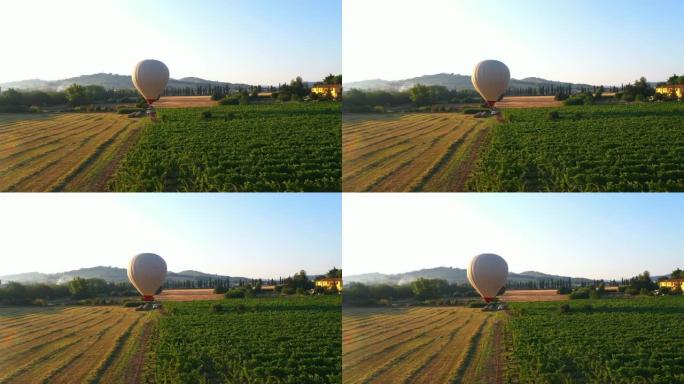 空中无人机镜头: 热气球飞越美丽的田野和种植园，背景是山