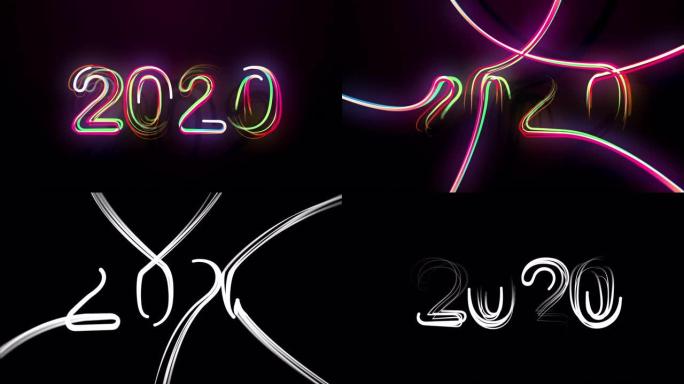 2020明亮的五彩动画数字的新年闪烁和发光