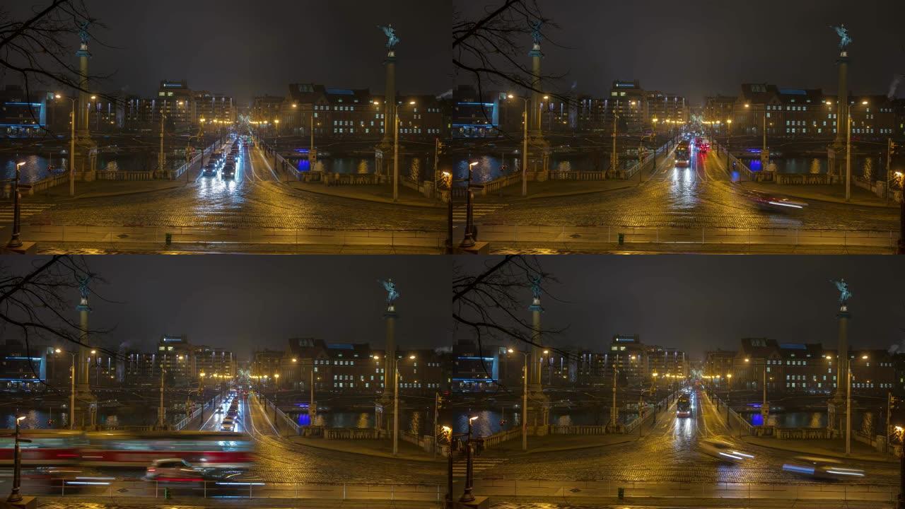捷克共和国布拉格夜间穿越城市景观的WS延时交通