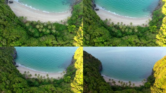 空中无人机飞越泰国南部那空西塔玛拉特省卡农美丽的私人海滩和椰子树 (Thong-Tha-Kwam)