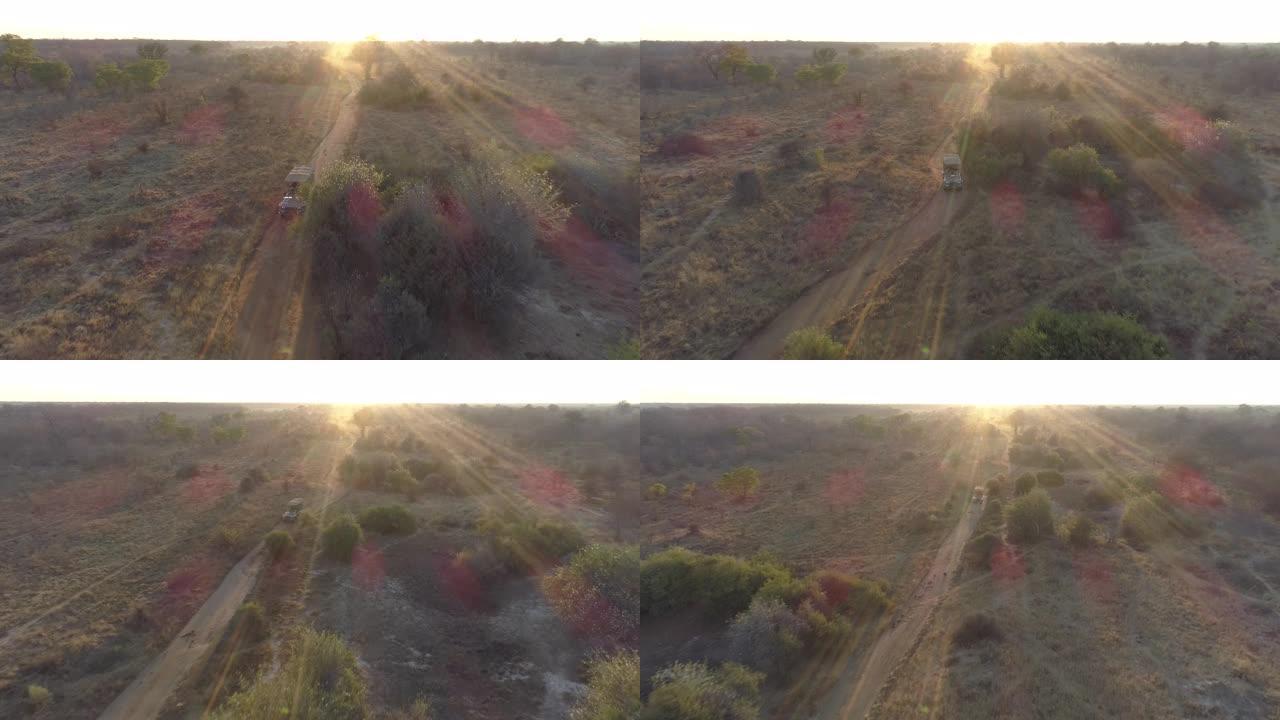 津巴布韦万基国家公园，一辆4x4野生动物园车辆在日落时玩游戏的4k空中缩小视图