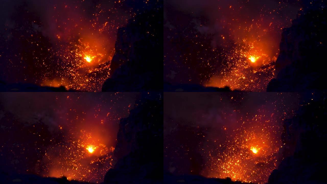 特写: 瓦努阿图火山口喷出的炽热岩浆。