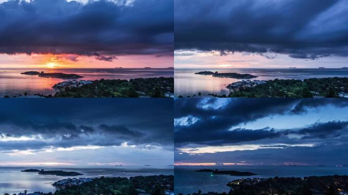海上日落。苏梅岛的鸟瞰图。延时视频