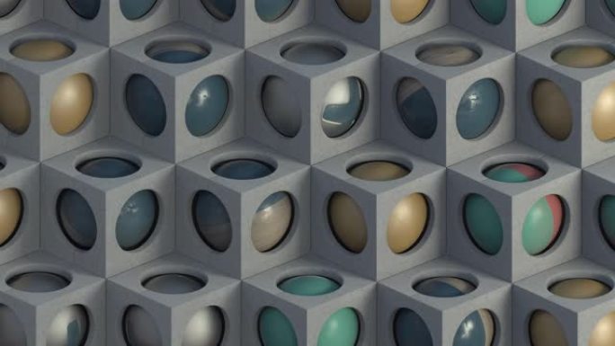里面有球的抽象3d立方体。4k电脑渲染动画。