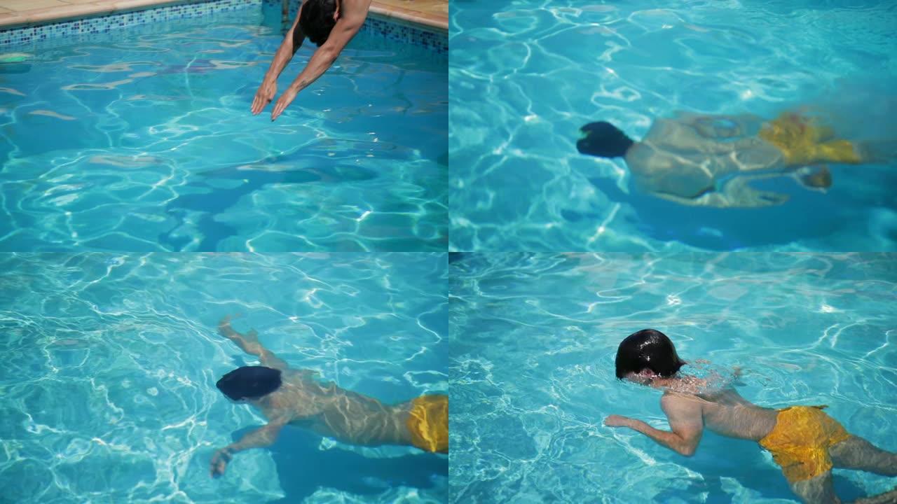 年轻人潜入游泳池游泳池游泳潜水