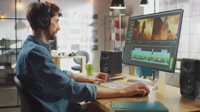 男性视频编辑器戴上耳机，并开始在具有大显示屏的个人计算机上处理素材。他在一个很酷的办公室阁楼里工作。