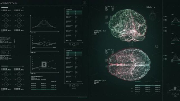 带有大脑分析的用户界面HUD动画，用于处理谷物的网络未来概念的黑暗背景。