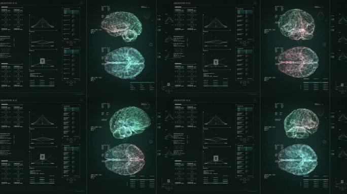 带有大脑分析的用户界面HUD动画，用于处理谷物的网络未来概念的黑暗背景。