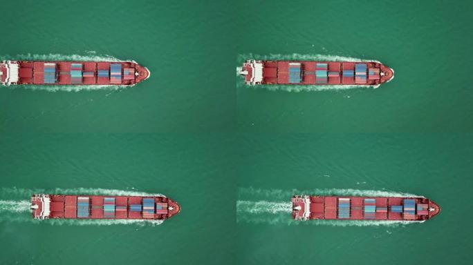 远洋集装箱船航拍，俯视图构图