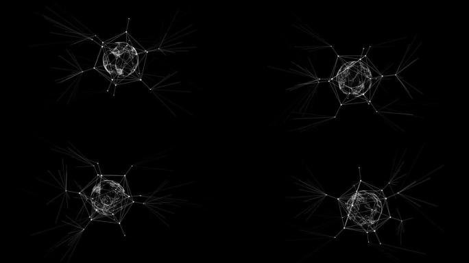 黑色背景上的线和点围绕球体的抽象网络连接。循环3d动画。数字技术和商业概念。