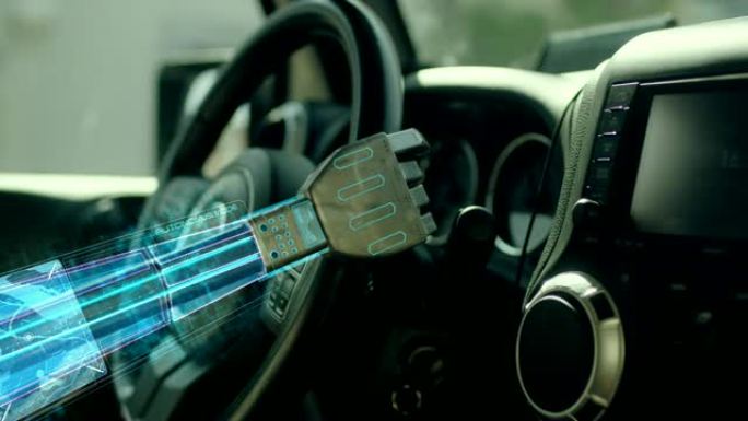 自动驾驶汽车。机器人手帮助汽车方向盘。