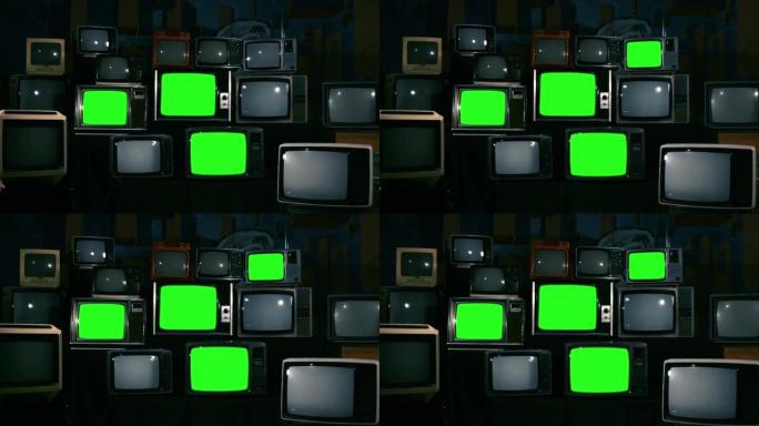 老式80年代绿屏电视。放大。蓝色钢调。
