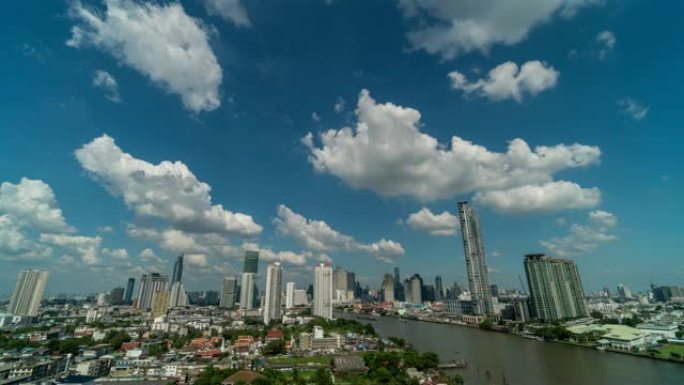 曼谷城市景观河侧、自然和城市景观概念上空奇妙云的4k时间流逝