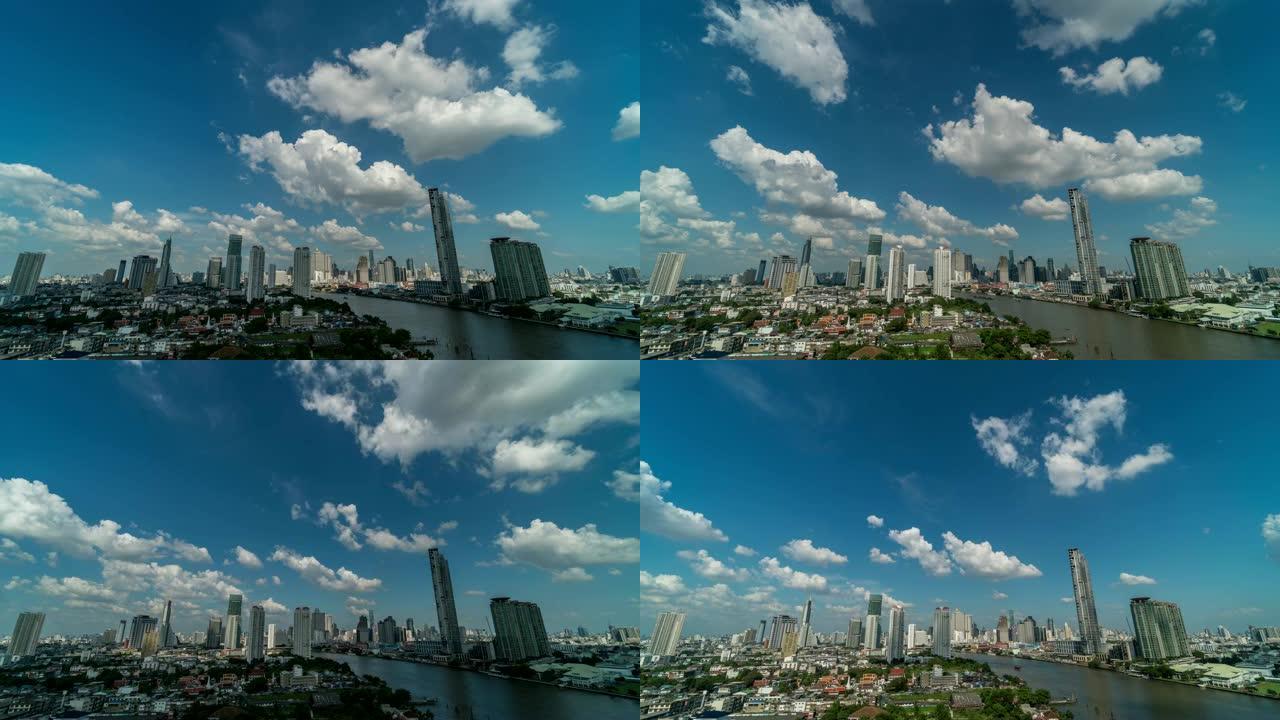 曼谷城市景观河侧、自然和城市景观概念上空奇妙云的4k时间流逝