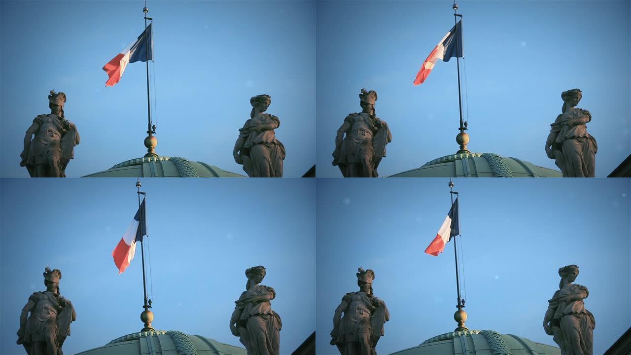法国国旗在巴黎的一座建筑上自豪地挥舞着。