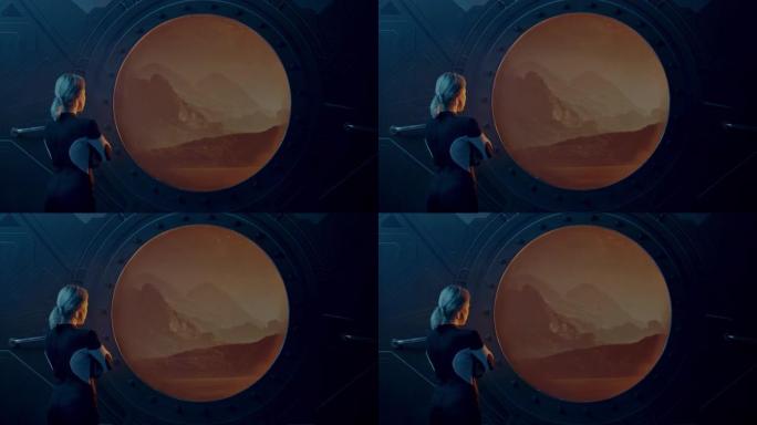 女宇航员望向火星基地窗口