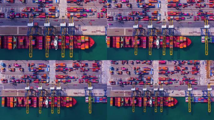 从顶视图或鸟瞰图看，现代工业港口的4k延时带集装箱。这是一个进出口货物港口，是船坞的一部分