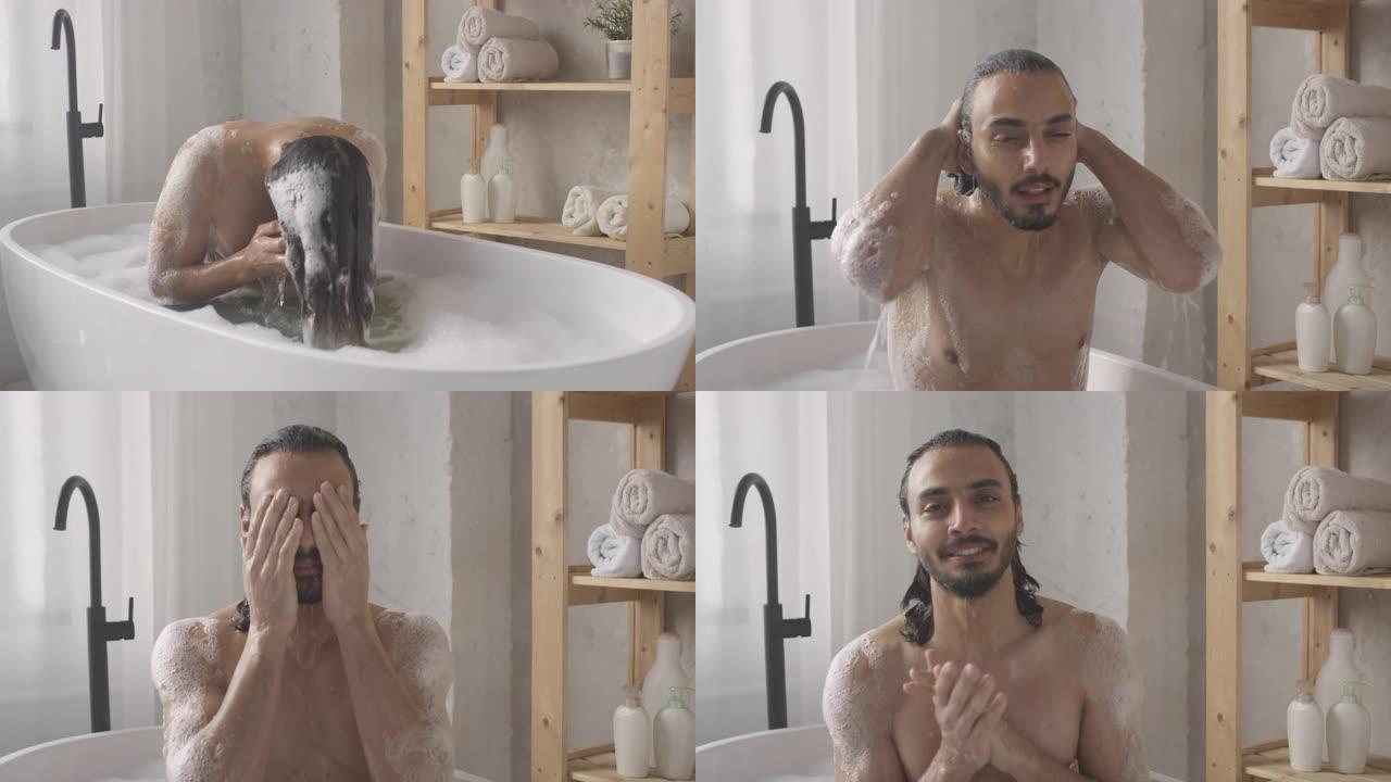 性感的男人在浴缸中头部出水和摆姿势