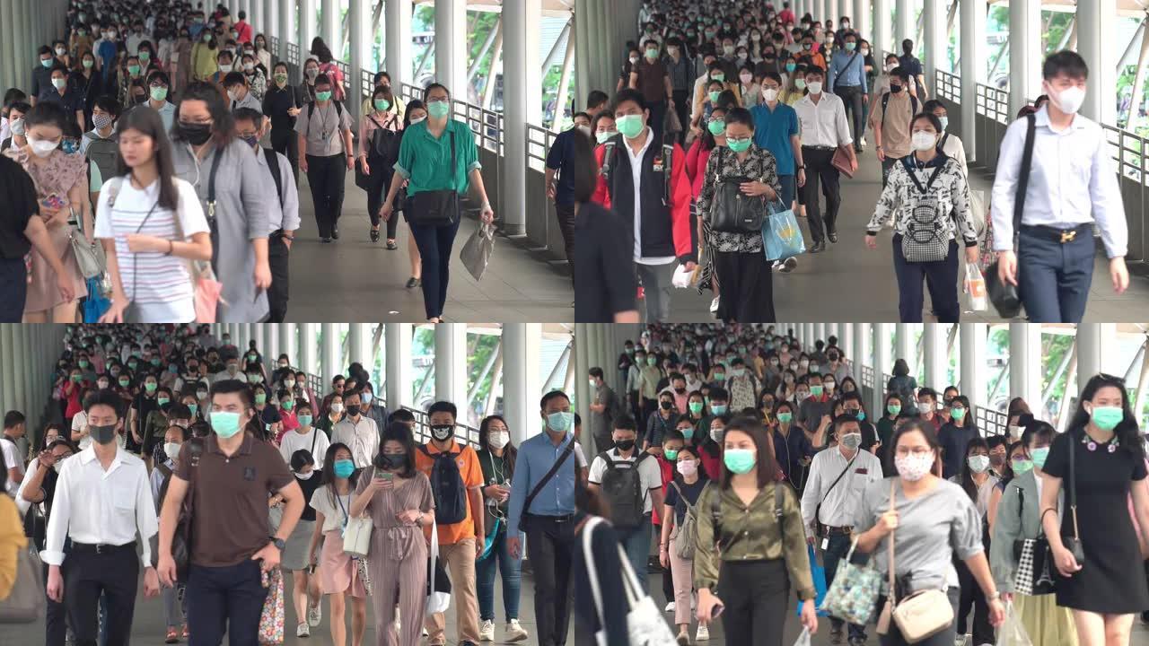 拥挤的人戴着口罩以防止冠状病毒或Covid19爆发