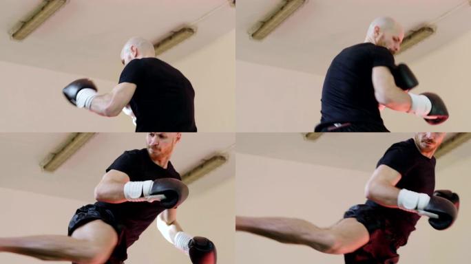 健身房里的一名职业拳击手带着出气筒工作，将练习打击、支柱、保护和耐力的技术。