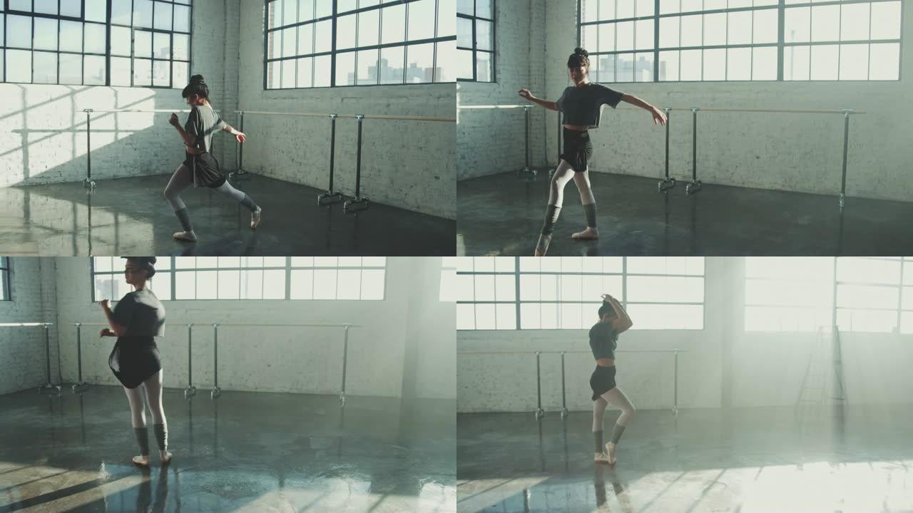 舞者在工作室练习芭蕾舞时旋转