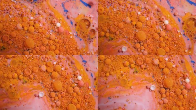 4k抽象液体动画。液体油漆移动表面的彩色气泡图案，液体的河流，彩色油漆的运动。