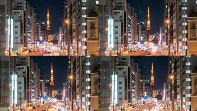 东京东京夜间东京铁塔和十字路口的延时