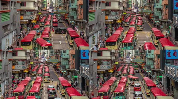 香港旺角地区公共小型巴士站4k延时俯视图