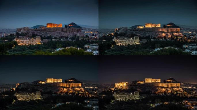 雅典与雅典卫城在希腊-白天到晚上的时间流逝