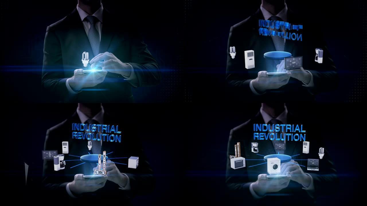 商人触摸智能手机，，'第四次工业革命' 连接显示器，微波炉，灯泡，洗衣机，空调，音频，咖啡壶，智能家