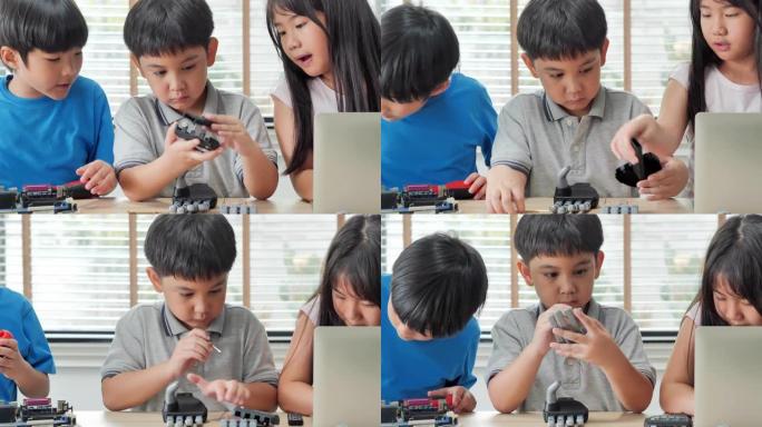一群快乐的孩子在机器人学校上建造机器人。创造性的孩子在学校享受科学课。教育、儿童、技术、科学和人的概