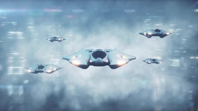未来派3d场景，雾中科技城的飞机飞行