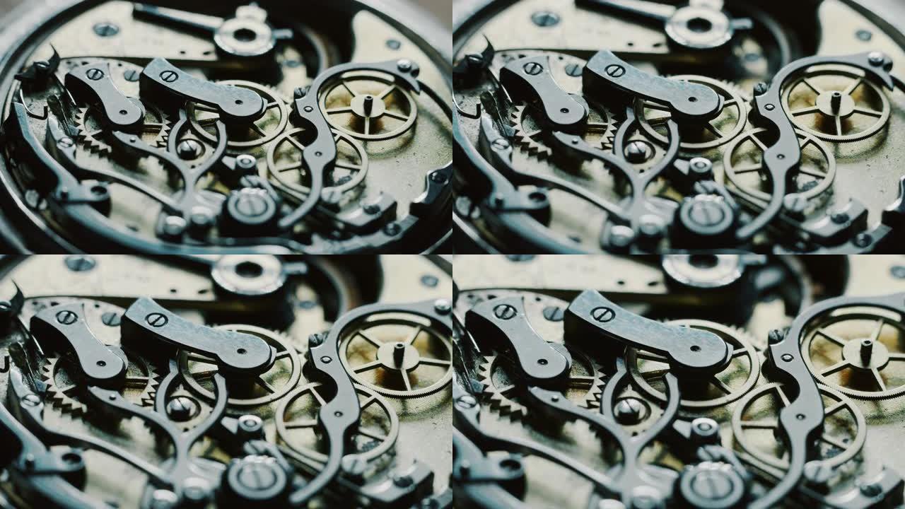 慢动作关闭一个专业的钟表制造商修理工在一个车间里工作在一个豪华机构手表齿轮。