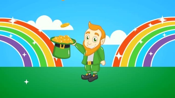 圣帕特里克节动画卡，彩虹中的精灵和硬币