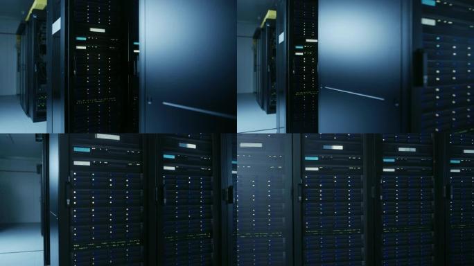 具有多行完全可操作的服务器机架的现代数据中心。现代高科技电信数据库超级计算机在一个房间里。在拐角处移