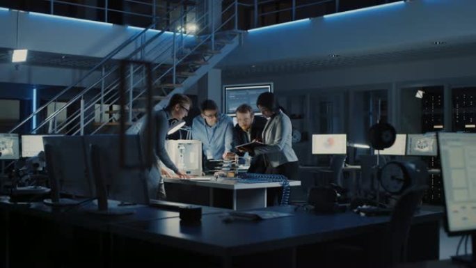 多元化的电子开发工程师团队站在办公桌前，配备3D打印机和PCB主板。使用先进技术从事超现代工业设计的