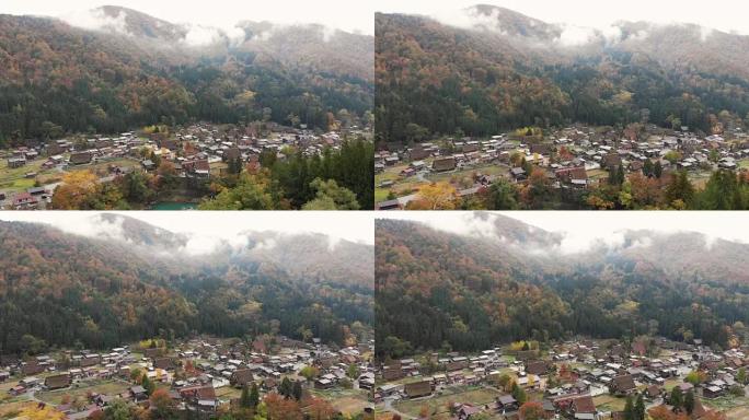 日本岐阜市秋时节白川乡村的鸟瞰图和多莉前锋。