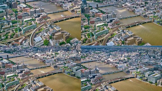 伦敦金融区的鸟瞰图。公司大楼、办公室、银行。桥梁和伦敦河。英国伦敦