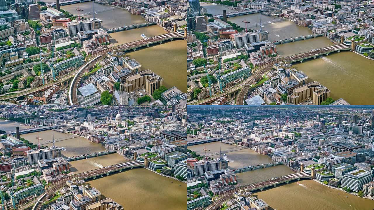 伦敦金融区的鸟瞰图。公司大楼、办公室、银行。桥梁和伦敦河。英国伦敦
