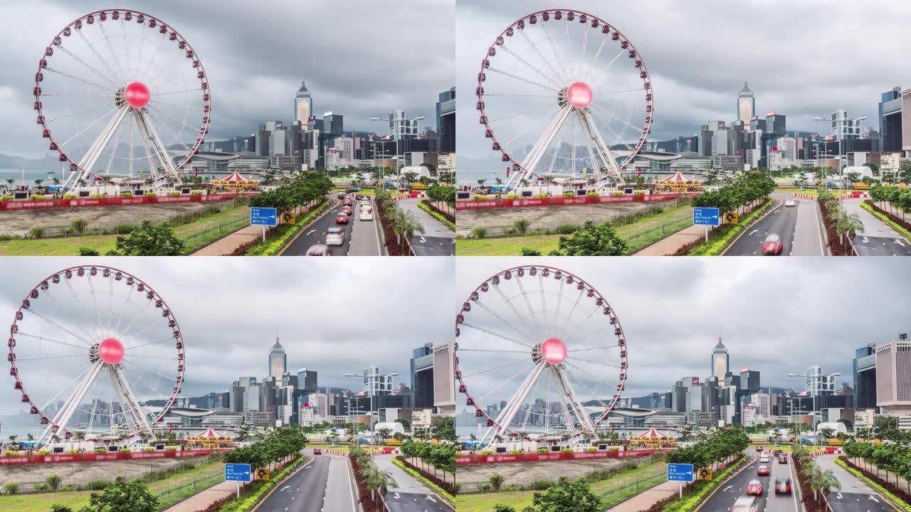 香港城市景观摩天轮的时间流逝