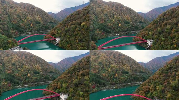 日本富山黑部秋季大桥鸟瞰图。