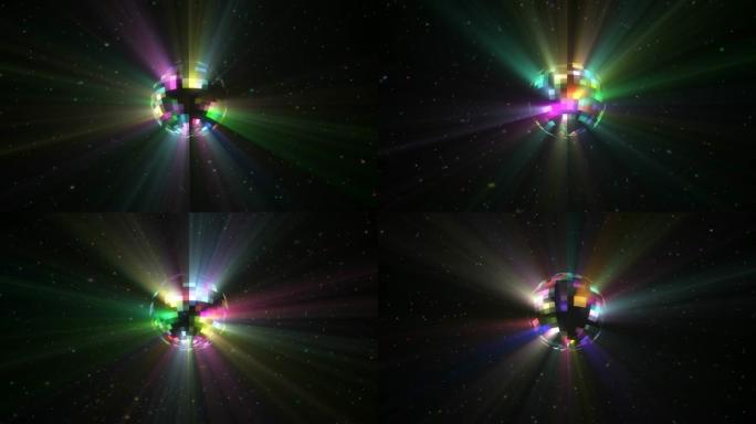带有粒子和光线的彩色多色迪斯科球旋转的无缝动画
