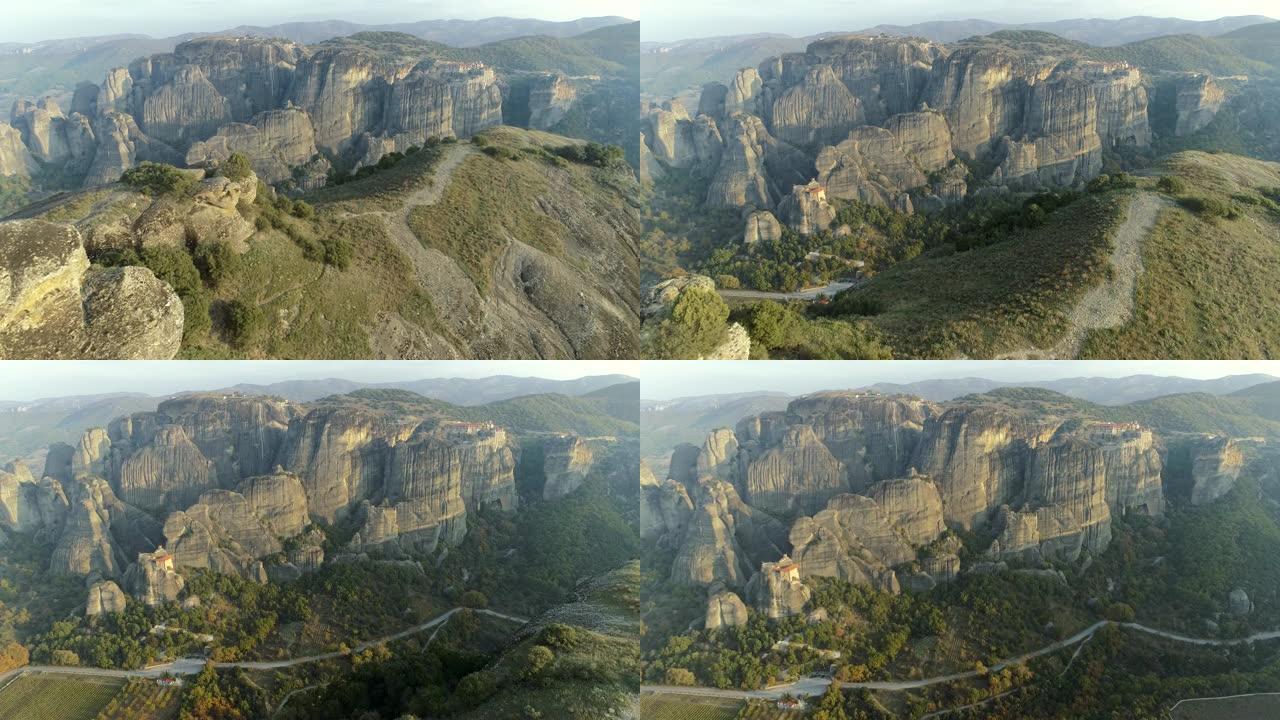 希腊迈泰奥拉修道院山的平移镜头。UHD, 4K