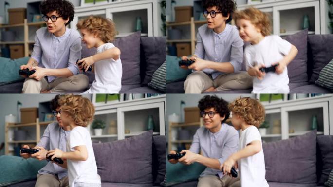 兴奋的孩子和妈妈一起玩电子游戏，微笑着享受家庭活动