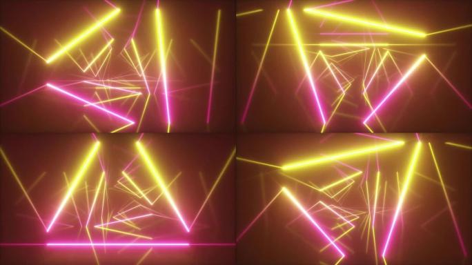 抽象飞行在三角形的未来派走廊，无缝循环4k背景，荧光紫外线，彩色激光霓虹灯线，几何无尽隧道，黄色粉色